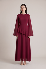 Leonie Asymmetrical Ruffle Dress in wine red - front view