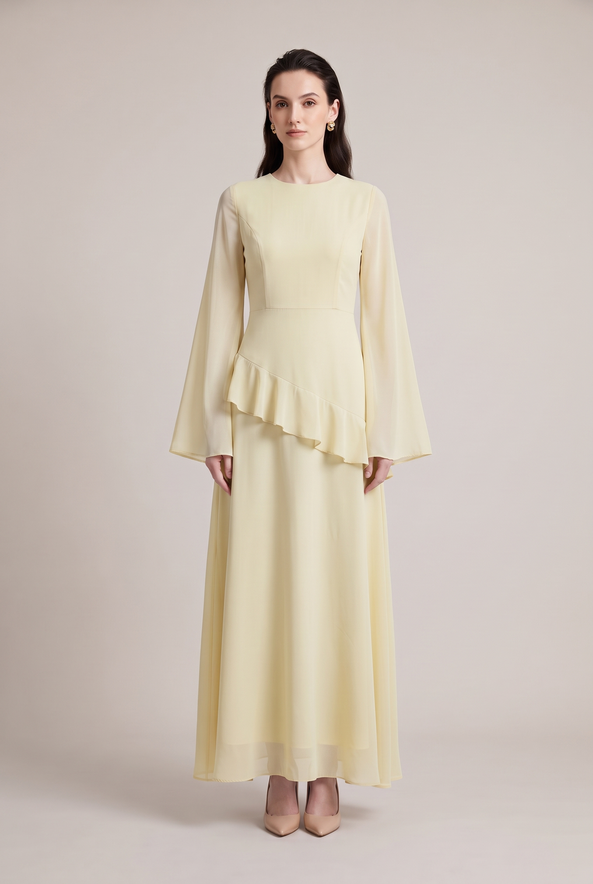 Leonie Asymmetrical Ruffle Dress in light yellow - front view