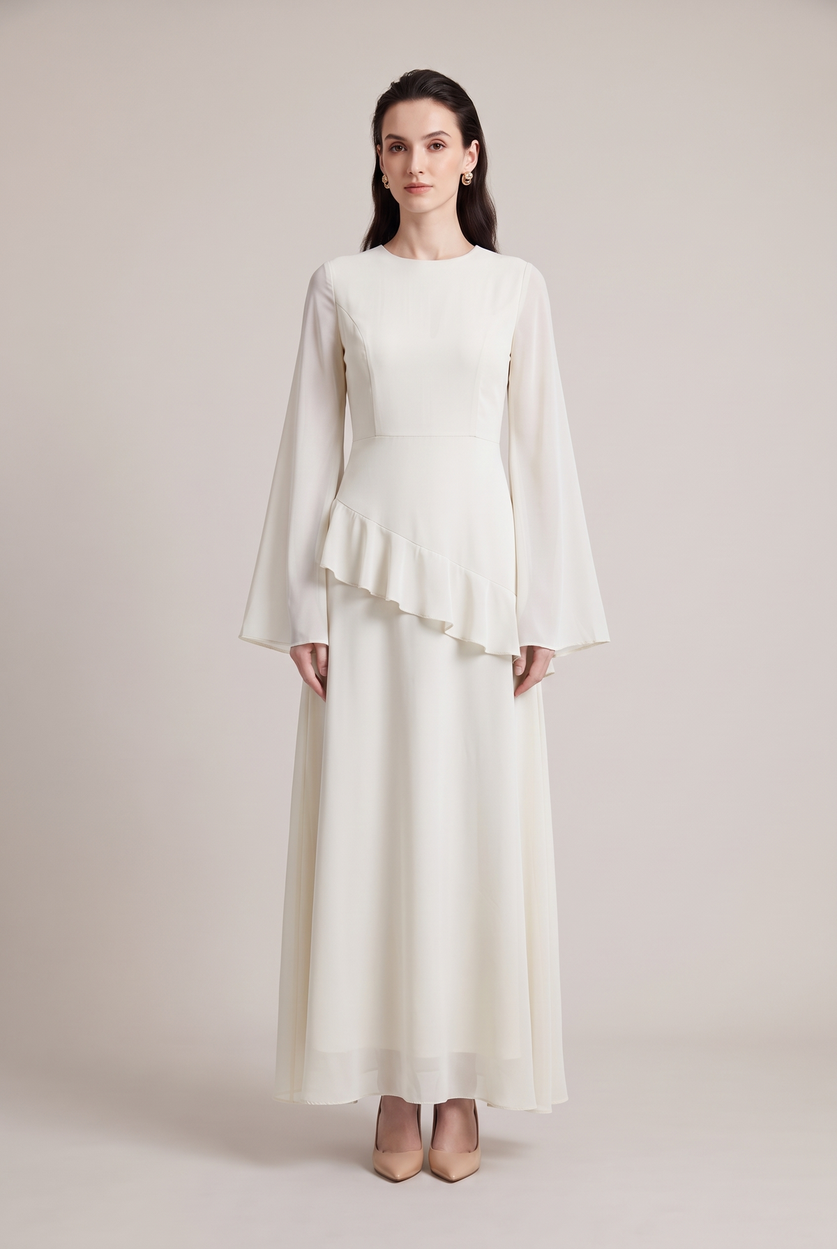 Leonie Asymmetrical Ruffle Dress in white - front view