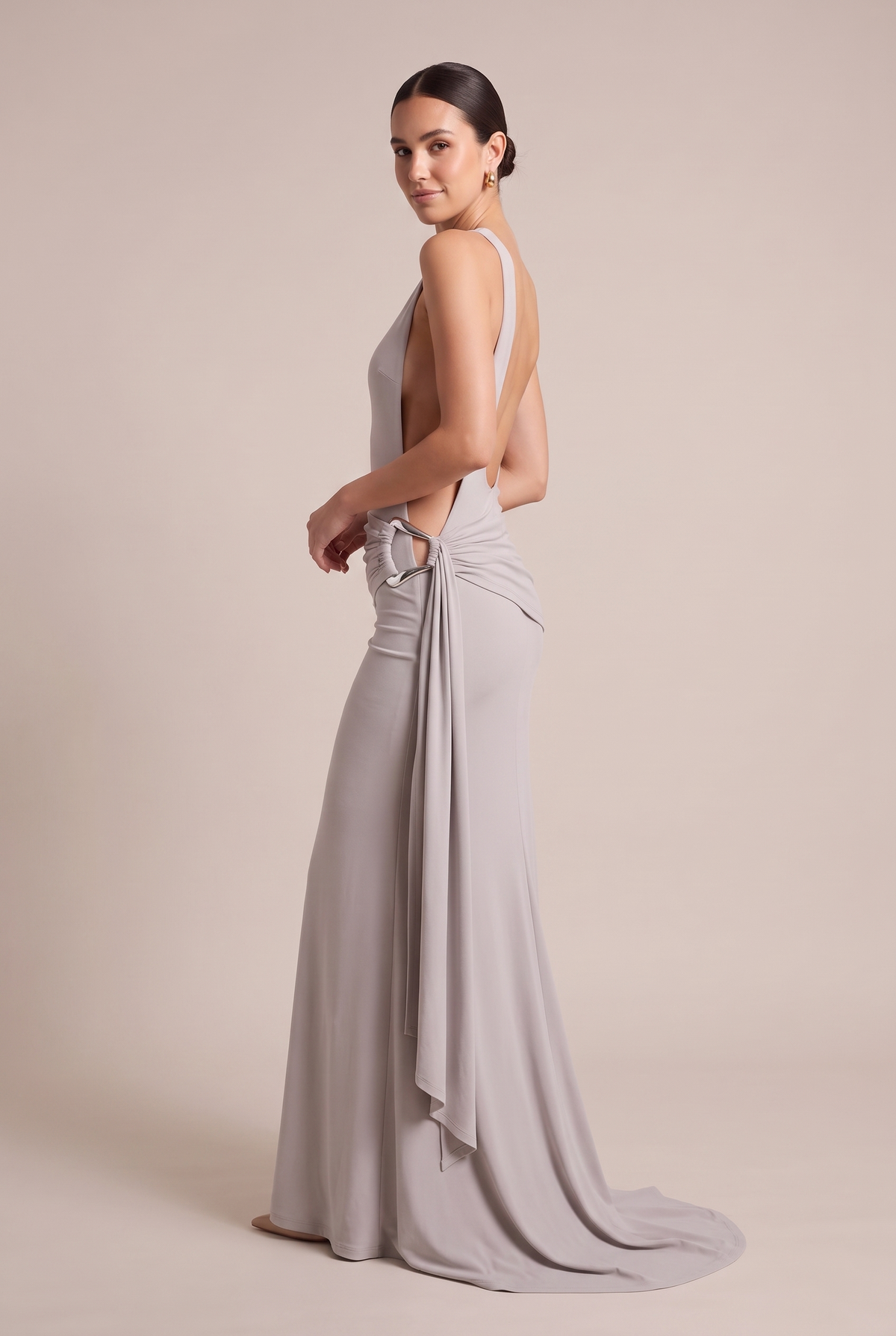 Vesper One-Shoulder Maxi Dress in Gray - side view with hip ring detail