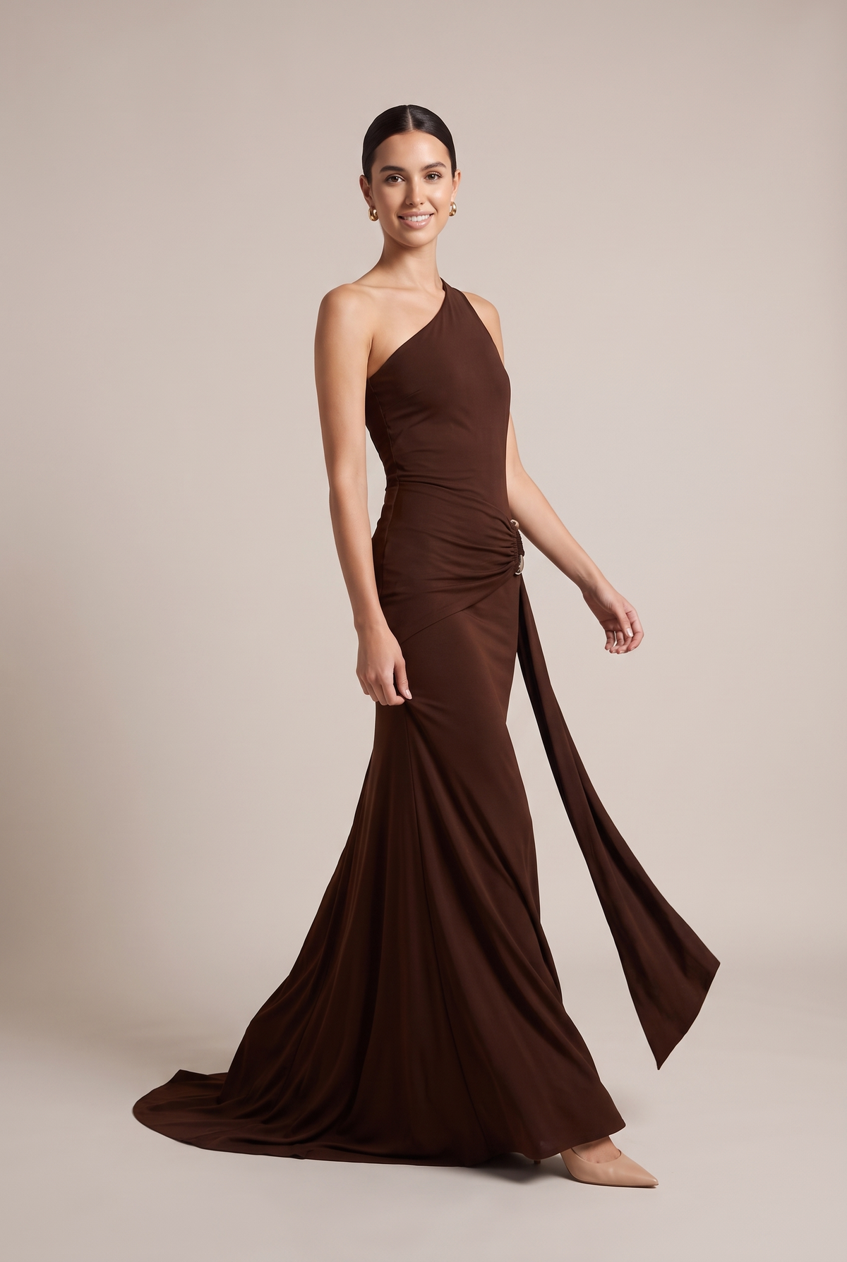 Vesper One-Shoulder Maxi Dress in Coffee