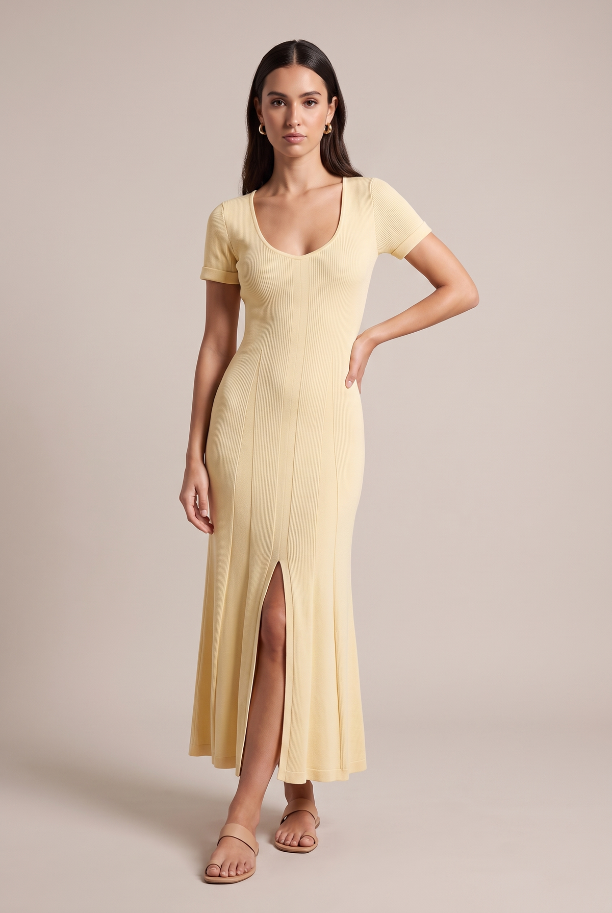 Rachele Ribbed Midi Dress in Light Yellow - front view