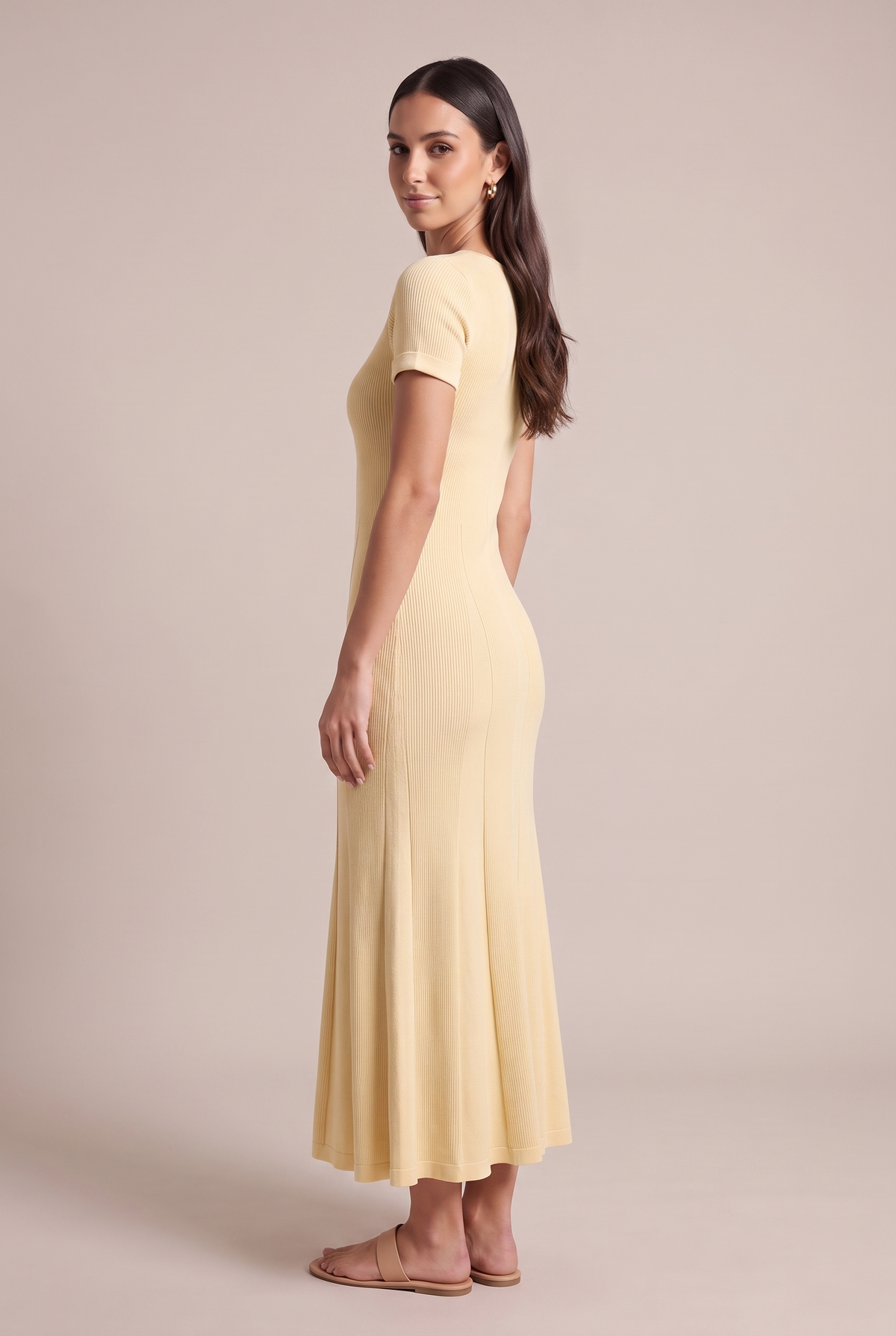 Rachele Ribbed Midi Dress in Light Yellow - side view