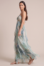Cassiopee Blue Floral Draped Dress - side view