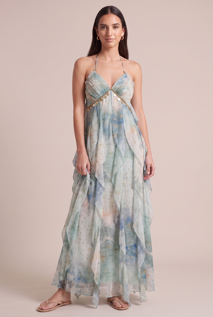 Cassiopee Blue Floral Draped Dress - front view