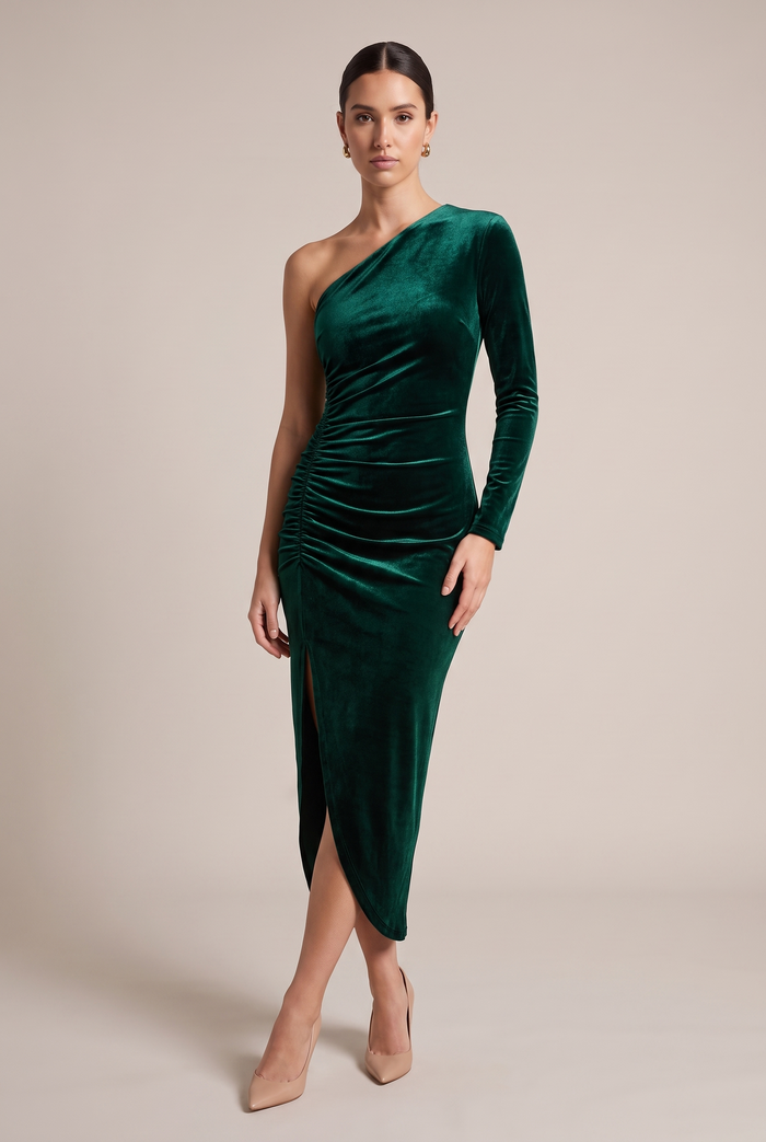 Esmée Emerald Velvet One-Shoulder Dress — front